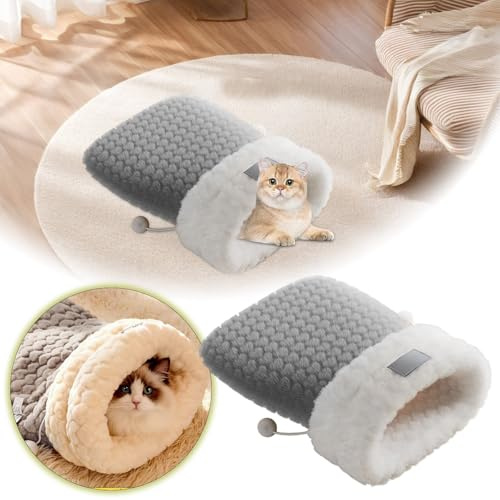 Selbstwärmender Katzenschlafsack Mit 360° Winddichter Technologie, Katzenbett Höhle Selbstwärmend, Weicher Plüsch Kuschelsack für Katzen & Kleine Hunde, Bequeme Wärme (Grau, L)