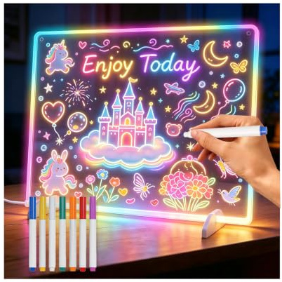JDHUIOO LED Drawing Board, Glow Up Doodle Pad with 7 Colour Pens, Reusable Light Up Writing Tablet, Portable Magic Board for Sketching Gift Home Travel & Store Menu Displays,Size 35 * 25 cm