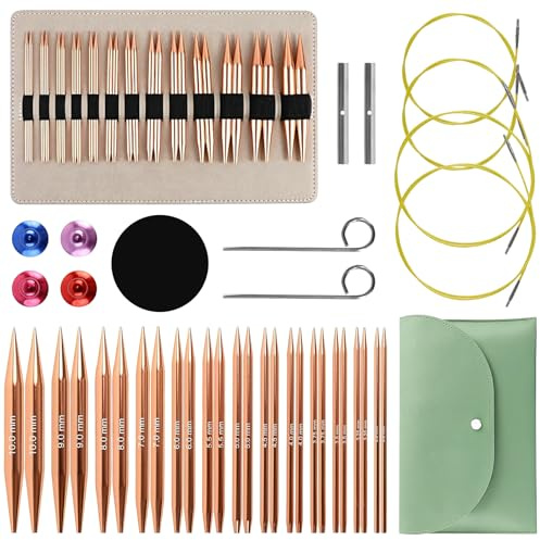 Tmefoy Set di Ferri Circolari Intercambiabili, 13 Paia Ferri da Maglia da 3-10 mm, con 4 cordoncini da 40/60/80/100 cm, Ferri da Maglia in Alluminio, borsa e accessori, per Appassionati di Maglia