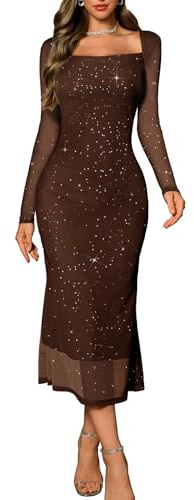 DRESSTELLS Womens Sequin Formal Party Dresses Long Sleeve Mesh Ruched Bodycon Maxi Wedding Guest Dress