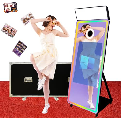 Appareil photo miroir magique avec écran tactile interactif, cabine photo reflex numérique, mini PC intégré, logiciel d'éclairage RVB et étui de vol pour événement, location, fête de mariage (noir