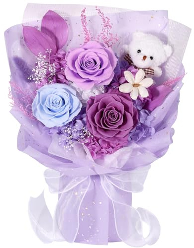 Ramo de Flores Preservadas con Osito, Rosas Eternas Moradas, Regalo Mujer