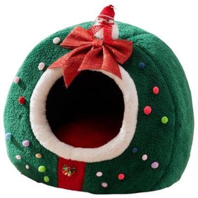 FewNvWa Casa per Gatti Natale Cuccia Tenda Chiusa Peluche Grotta Accogliente Base Antiscivolo Design Natalizio Spugna Morbida Adatta per Gatti Cani Casa Feste, M