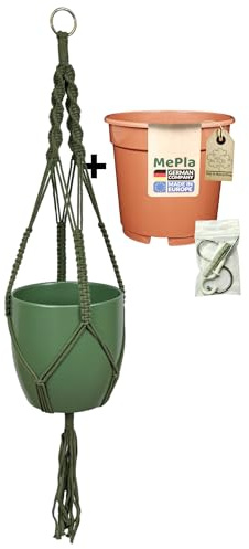 MePla – set – trafikljus makramé naturgrön – SK Soendgen keramisk ytterkruka bas ø19 mossgrön + odlingskruka ø18, högkvalitativ levande atmosfär