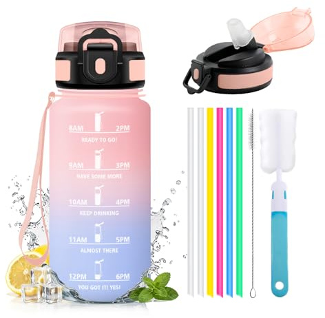 JAPORIA Borraccia 500ml, Borracce con Cannuccia, Bottiglia Riutilizzabile con Marcatori Temporali, a Prova di Perdite, per Scuola, Ufficio, Yoga, Studenti, Ufficio, Sport, Palestra