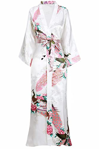 BABEYOND Vestaglia lunga da donna/ragazza in raso, kimono/accappatoio estivo con motivo floreale stampato, per pigiama party, bianco, Taglia unica