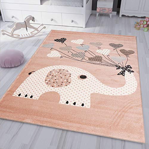 VIMODA Kinderteppiche Herzen mit Ballons Elefant | Kinderteppich für Mädchen und Jungs | Teppich für Kinderzimmer | Schadstofffrei, Maße:120x170 cm