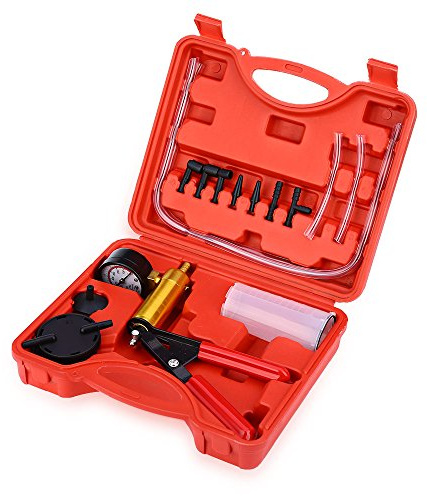 2 in 1 Brake Bleeder Kit Hand held Vacuum Pump Test Set,for Automotive with Sponge Protected Case,Adapters,One-Man Brake and Clutch Bleeding System,Vacuum Gauge and Brake Bleeder Kit (Red Case)
