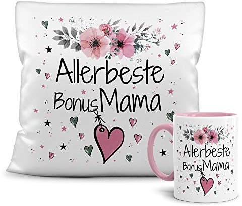 Print Royal Geschenk-Set aus Tasse und Kissen mit Füllung - Allerbeste Bonus Mama - Persönliche Geschenkidee für Beste Freunde, Verwandte und Familie - weiß/rosa