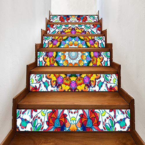 A.Monamour Treppenaufkleber Selbstklebend 3D Vintage Aquarell Bunte Porzellan Keramikfliesen Vinyl Wasserdicht Treppe Aufkleber Fliesenaufkleber Abziehbilder Wandaufkleber Wandtattoos 6 Stücke