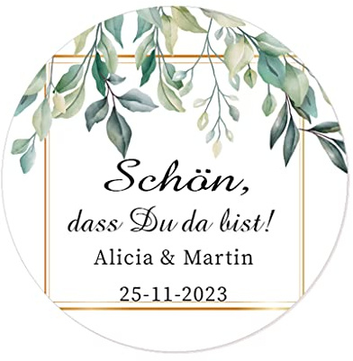 50 PERSONALISIERT Hochzeit Aufkleber,Schön, dass du da bist! grüne Pflanzen 40mm Gastgeschenke Aufkleber für Hochzeit, Verlobung,Taufe, Geburtstag, Kommunion, Party, Weihnachten - Rd 059 (002)