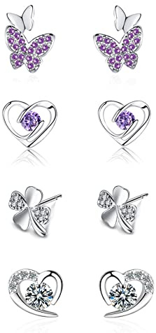 GUROTD 4 Pairs 925 Sterling Silver Stud Earrings for Women Girls Tiny Flower Heart Butterfly Hypoallergenic Cubic Zirconia Diamond Cartilage Earrings Set