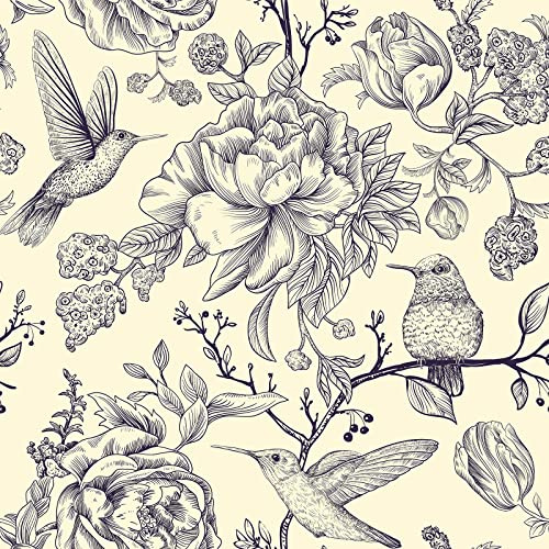 VEELIKE Carta da Parati Floreale Uccellini 44.5cm×900cm Carta Adesiva Fiori Beige Vintage Fotomurali Tropicale Rotolo Adesivo per Mobili Autoadesiva Pellicola Adesiva Cucina Lavabile Cameretta