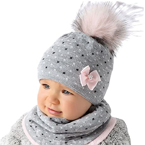 Smarilla Baby Mädchen Winter Mütze Set Loop Schlauchschal Bommel Strick Größe 44/46, Farbe: Grau-Hellrosa