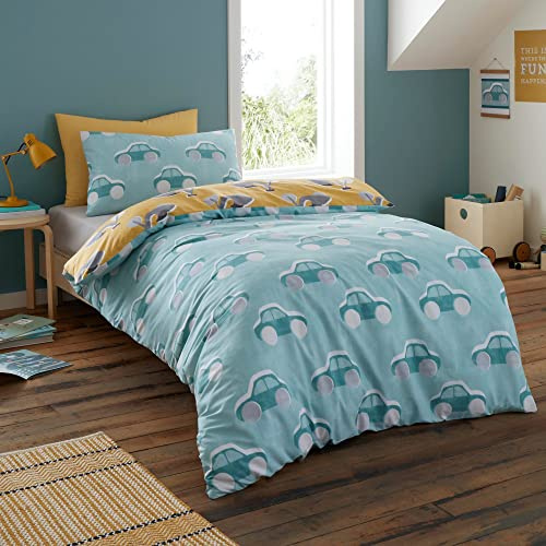 Bedlam - Cool Cars Duvet Cover Set - 100% Cotton Single Size Duck Egg, Blue/Yellow