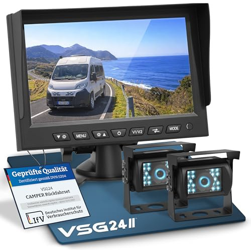 VSG24 Rückfahrkamera Set für Wohnmobile & Camper mit 2 Kameras und 7 Zoll Monitor – kabelgebunden, wasserdicht (IP68) – 120° Blickwinkel + Nachtsicht – Einparkhilfe für Wohnwagen & Transporter 12V/24V
