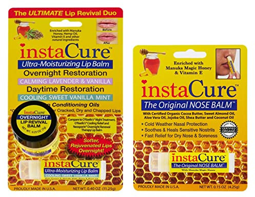 InstaCure Original Nose Balm Fast Relief for Cracked, Dry & Sore Noses, Ultra-Moisturizing Lip Repair Duo, Calming Lavender & Vanilla Overnight Lip Mask, Cooling Sweet Vanilla Mint Daytime Lip Balm