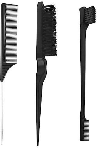3 Pieces Hair Styling Comb Set, Hair Brush, Double Sided Edges Brush, Teasing Hair Brush Rat Tail Comb, for Women Hair Salon Hair Slicking, Black