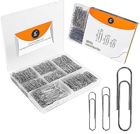 500 Pack Paper Clips by Luxurecourt - 3 Assorted Sizes of Silver Small and Large Paperclips Bulk, Rust-Resistant Nickel Plated Steel Clips, Essential for Organization - Home, School, Office Supplies