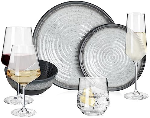 Vajilla de melamina para camping, 4 personas, color gris piedra + 16 vasos Milano, copas de vino, copas de champán, vajilla de pícnic, barbacoa