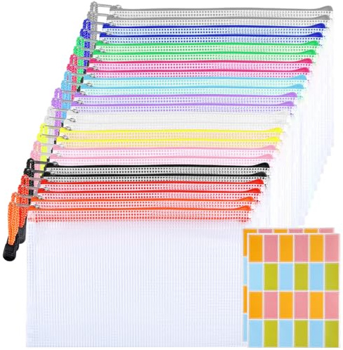 Northern Brothers A5 Size Plastic Zip Wallets, Mesh Zipper Pouches, Waterproof PVC Document Bags with Label Stickers, 24 Pack for Planner, School and Travel