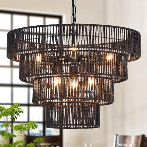 YOMECOO Black Rattan Chandelier Vintage Farmhouse 6-Lights Boho Hand-Woven Bamboo Black Chandeliers Light Fixture Retro Drum Wicker Chandelier for Dining Room, Kitchen, Living Room, E12