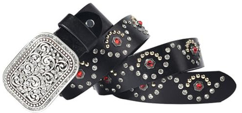 MYIESAXL Nietengürtel Punk, Nietengürtel mit Roten Edelsteinen, Blumenschnalle und 38 Mm Breites Echtes Leder, Metall-Punk-Nietengürtel für Männer und Frauen