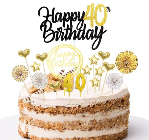DazzJoy Tortendeko 40. Geburtstag - Happy Birthday Torten Deko mit Glitzer Kuchendeko und Geburtstagskerzen in Gold und Schwarz