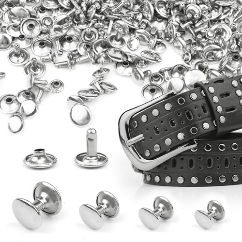 Leder Nieten röhrenförmige Metallnieten Reparaturen Dekoration 200 Sets Doppelkappe Nieten Edelstahl-Ledernieten Silberne für Leder Handwerk Kleidung Schuhe Taschen Gürtel （6/8/10/12 mm）