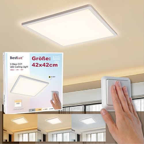 BestLuz Dreistufige CCT Deckenlampe 42x42 CM 3000K/4000K/6500K 24W 2800LM IP44 Mit Backlight-Effekt - Flaches LED Panel Für Wohnzimmer, Schlafzimmer, Küche, Badezimmer, Ultra Dünn