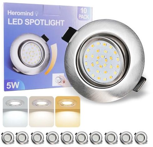 Heromind 10x LED Einbaustrahler, 2 Zoll Ultra Flach, Metallgehäuse Silber, 5W Dimmbar, IP44, 69-79 mm, 3 Farbtemperaturen (3000K/4500K/6000K), Schwenkbar 30°, Für Decke, Moderne Akzentbeleuchtung