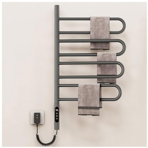 Scaldasalviette Elettrico Girevole a 180°, Portasciugamani Riscaldato da Terra con Timer, Display LED, Controllo della Temperatura Costante, Timer per Scaldasalviette Plug-in/Cablato, Nero (Grigio)