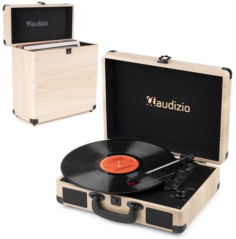Audizio RP116LW Retro Record Player with Bluetooth Output, Briefcase Design & Built-In Speakers, Light Wood Finish, Vinyl Player with Bluetooth Output, Includes Vinyl Record Case for 30-35 Records
