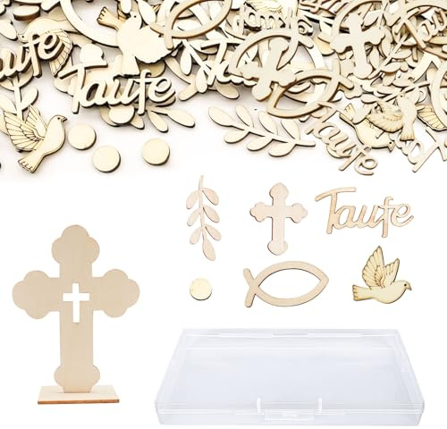 Pamtns 101 Pièces Décoration de Table Confettis en Bois pour Baptême, Communion, Confirmation - Forme Colombe, Croix, Poissons