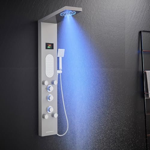 KINKIBOS Panel de ducha con grifo, 6 funciones, panel de ducha con indicador de temperatura LED, ducha de lluvia, ducha de niebla, 2 modos, chorros de masaje, ducha de mano y entrada de bañera,