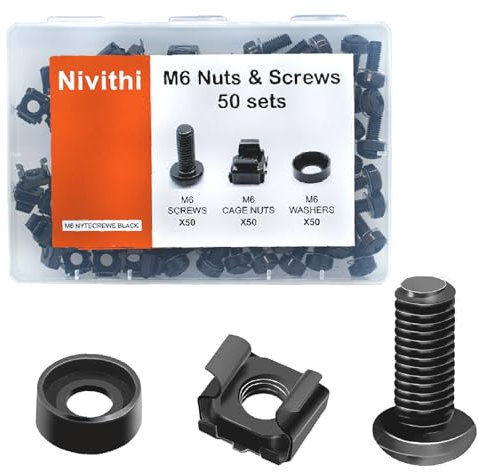 Nivithi SR620 Schrauben M6 x 20 + Käfigmuttern – 50 Sets für 19-Zoll-Rack – Schrauben für Serverschacht, Netzwerkschränke und Installation – Käfigmuttern aus schwarzem Zink für Rack-Verwendung