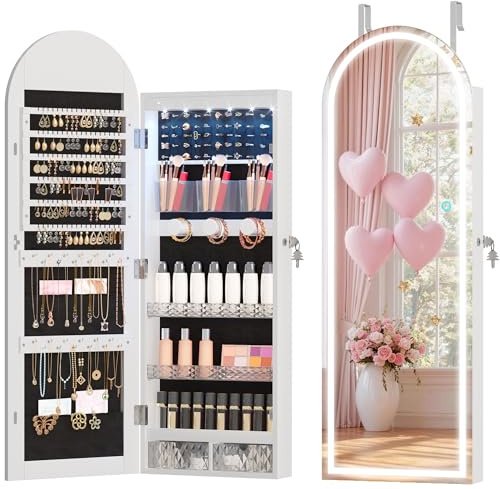 LVSOMT LED Armoire à bijoux avec Miroir Arqué, Armoire a Bijoux Suspendue Verrouillable, Modern Miroir Bijoux sur porte/mur, 3 Couleurs LED, Crochet réglable en hauteur, Cadeau pour Femme, Blanc