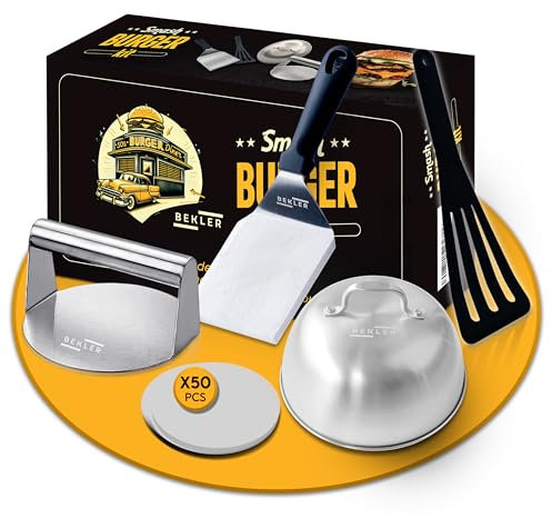 BEKLER Smash Burger Kit - Prensa Hamburguesas Antiadherente, Smasher, Aplastador de Hamburguesas, Fácil Limpieza, Espátula Ideal para Sartén, Acero Inoxidable, Uso Profesional, Grado Alimenticio