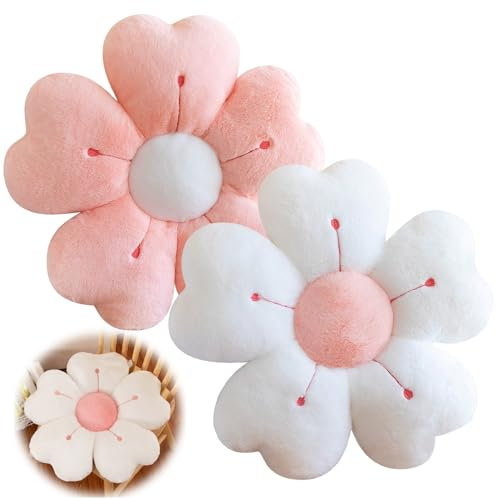 Foreverup 2Pcs Flower Pillow, Daisy Cushion, Soft Petal Cushion, 35cm Fluffy Soft Daisy Floor Cushions Cute Pillows Seating Cushionfor Car Home Bedroom and Sofa Chair (White+Pink)