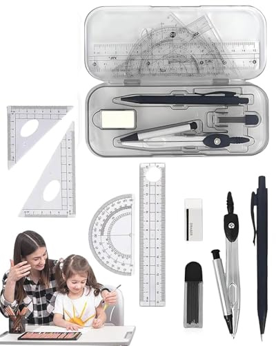 TPZORJX Set de Geometría, 7 piezas de Set de Matemáticas, Compases Matemáticas para estudiantes,Juego de compás Set,utilizados para dibujar, medir, modelos matemáticos,herramientas de aprendizaje