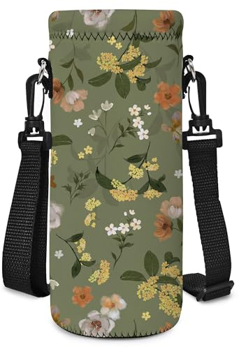 Mibbxea 1000ML Wasserflasche Tragetasche,Umhängetasche für Flaschen,Neopren Flaschenkühler mit Tragegurt für Männer Frauen Radfahren,Wandern,Fitnessstudio,Laufen,Gehen (Blumen)