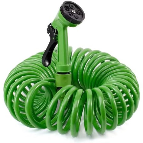 CABLEPELADO - Manguera Espiral Extensible de Jardín, Hasta 15m, 7 Modos de Riego, Pistola de Agua Incluida, Compatible con Accesorios Estándar, Verde