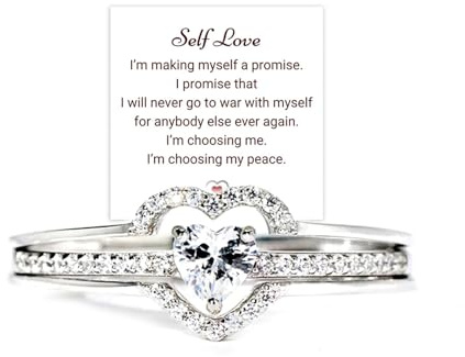 HNLUGF I Choose Me Layered Heart Rings for Woman, 2PCS S925 Self-Love Heart Ring Remind You That Self-Love Is The Best Kind Of Love, Inspirational Encouraged Ring Jewelry Gift for Her (Silver, 9)