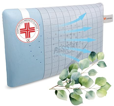 BELTALIA Cuscino Cervicale Memory Foam Aromaterapico – Dispositivo Medico Detraibile – Traspirante con Fori Surround – Fodera Resistat – Made in Italy - (1, Eucalipto Resistat, 73x43 H14)