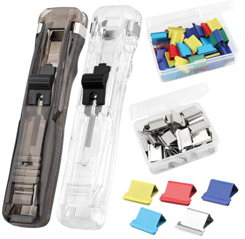 102pcs Plastic Paper Clam Dispenser,2 Pcs Handheld Clam Clip Dispensers with 100 Portable Mixed Color Metal Refill Replacement Clips, Reusable Lightweight Foldback Clips for School Office Home