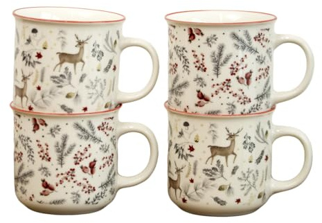 Darthome Set of 4 Woodland Christmas Mugs 400ml Ceramic Winter Forest Animal Foliage Coffee Cups