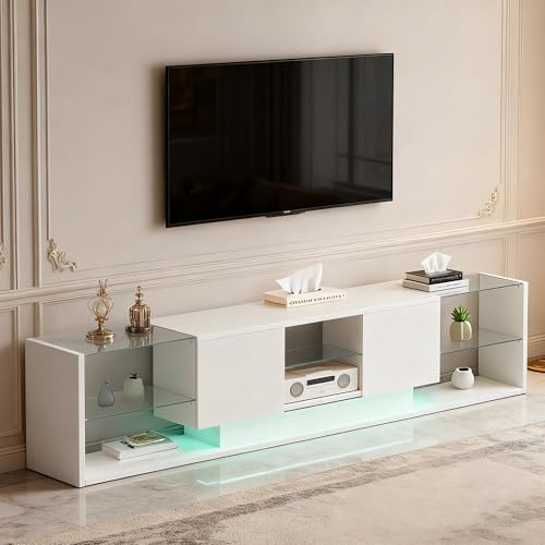 Mueble TV blanco con luces LED, moderno mueble de TV de 200 cm con 2 cajones y estantes de cristal, mesa Tele banco de TV para salón o dormitorio (blanco, 200 x 35 x 45 cm)
