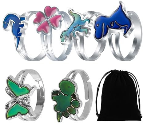 AHEJIOO Juego de 7 anillos de humor para niños, niñas, niños, cambio de color, con diseño de dinosaurios y mariposas, anillo de humor ajustable para niños, con bolsa de almacenamiento