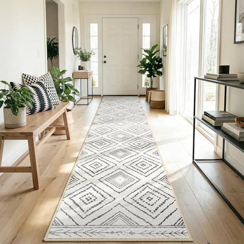 DEFYNEE Teppich Läufer Flur 80 x 150 cm, rutschfest Küchenläufer, Kurzflor Teppichläufer, Waschbar, Faltbar, Boho Design – für Flur, Küche, Wohnzimmer & Büro, Schwarz-Weiß