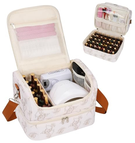 Nail Polish Organiser Bag, Floral Print Double Layer Nail Varnish Storage Case Holds 45 Bottles & Full Size UV Lamp, Portable Nail Technician Case (Lily, Hold 45 Bottles)